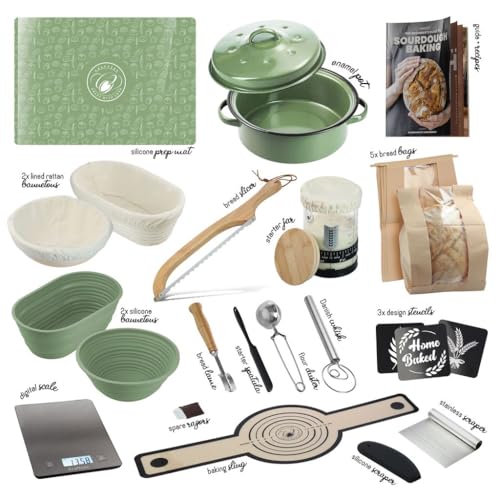 All-Inclusive 𝗣𝗥𝗘𝗠𝗜𝗨𝗠 Sourdough Starter Kit with Pot, 34 Oz Starter Jar, 4 Banneton Bread Proofing Baskets, Scrape...
