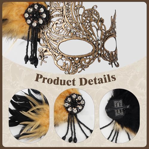 GUXIMIAR Lace Masquerade Mask for Women Mardi Gras Rhinestone Mask with Feather 1920s Venetian Party Accessories