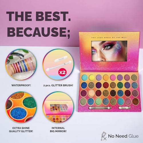 32 Colours Glitter Eyeshadow Palette, Make-Up Palette, Face and Body Glitter, glitter tattoos, festival accessories, Glitt...