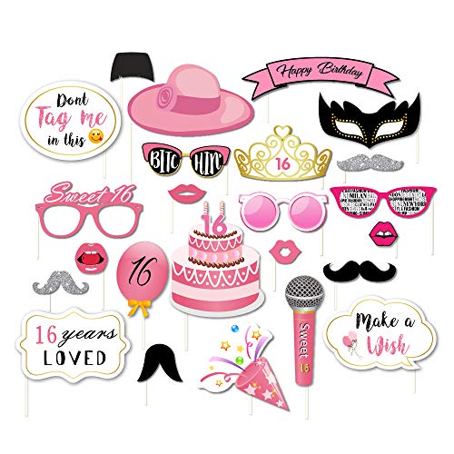 CC HOME Sweet 16 Photo Booth Props,Happy Sixteen Photo Booth Props for 16th Birthday Party Supplies for Girls 44 Pcs
