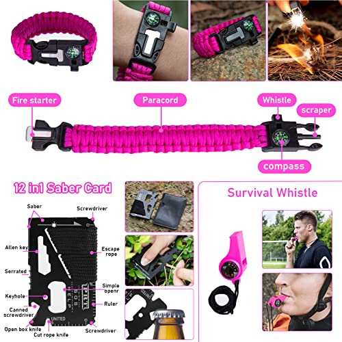 ThinkLearn Pink Survival Kits with First Aid Kit, Hiking Camping Gear and Equipment for Women, Professional Bug Out Bag Su...