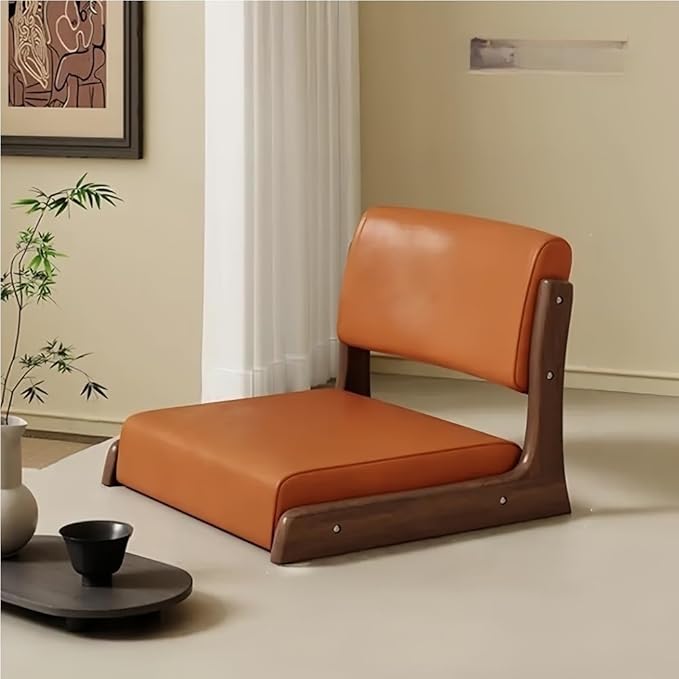 Japanese Style Legless Floor Chair with Back Support, Wooden Tatami Meditation Chair with Cushion, Low Sofa Floor Seat for Living Room, Bedroom, Bay Window(Technology Fabric 1)