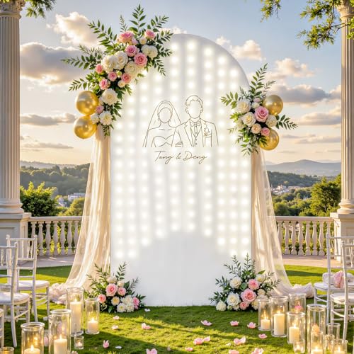 White Arch Backdrop Cover with Lights Wedding Arch Covers 7.2ft Stretchy Backdrop Light up White Fabric Spandex Arch Cover...