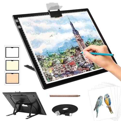 Rechargeable A3 Light Pad for Diamond Painting,Tracing Light Box with Stand and Clip,3 Colors Stepless Dimmable and 6 Leve...