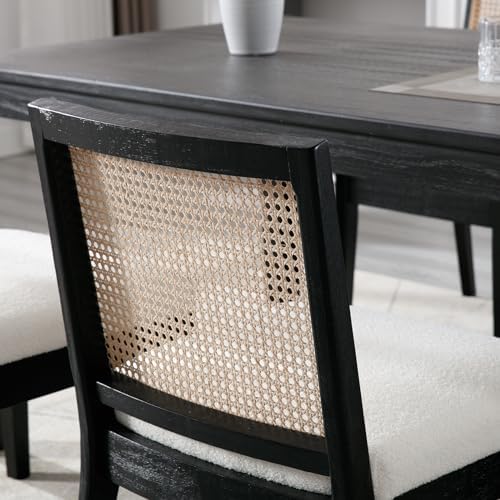 DAYALANE Rattan Dining Chairs Set of 4, Farmhouse Boucle Kitchen Chairs with Cane Back, Upholstered Sherpa Dining Room Chairs Comfy Side Wood Chair for Living Room/Restaurant, Black Sherpa
