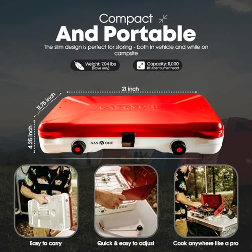 GasOne Portable Camping Stove – Double Propane Stove with Auto Twist Turn Ignition – 22,000 BTU Camping Cooktop with 2 Bur...
