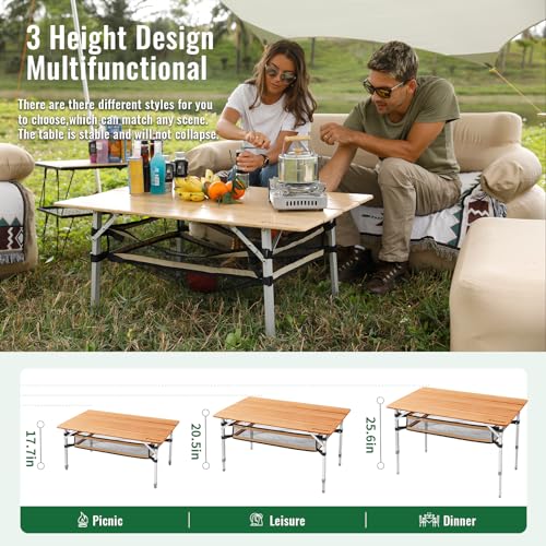 KingCamp Bamboo Folding Table with Storage Mesh Layer & Padded Oversized Camping Chair