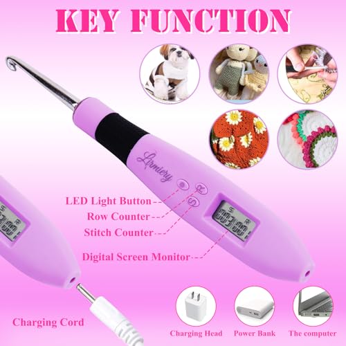 18 Size Counting Crochet Hooks Set Digital with Light up Crochet Hooks Set Ergonomic Soft Grip,Lighted Crochet Hook for St...