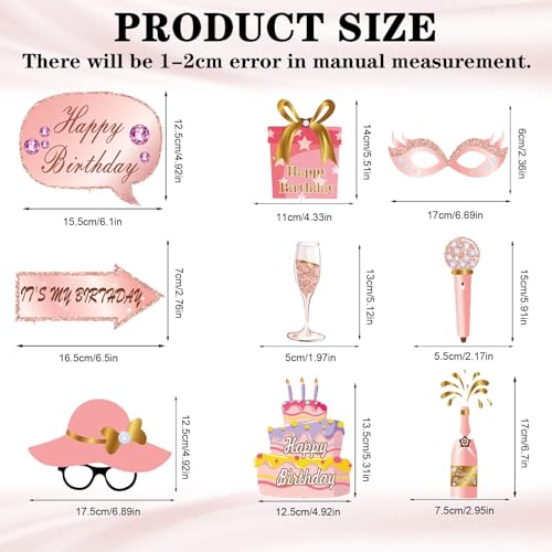 33PCS Glitter Birthday Photo Booth Props, LMSHOWOWO Rose Gold Party Photobooth Props Fun Selfie Props with Lips, Crowns, F...