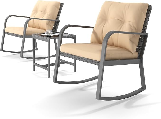 HLNPTN 3 Piece Patio Outdoor Rocking Chair, Outdoor Bistro Sets Wicker Patio Furniture Rocking Chairs Sectional Couch (Khaki)