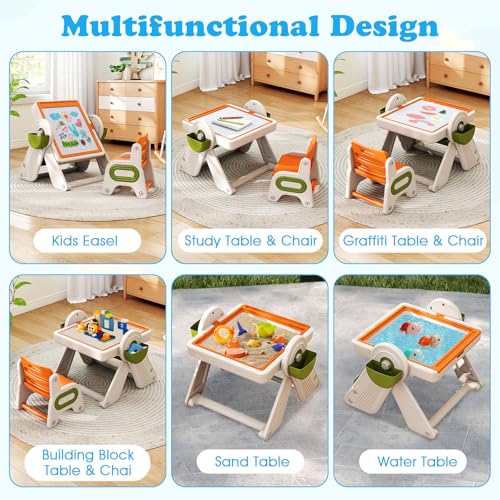 Costzon 6-in-1 Kids Table and Chair, Folding Height-Adjustable Art Easel w/Reversible Building Block Tabletop & Whiteboar...