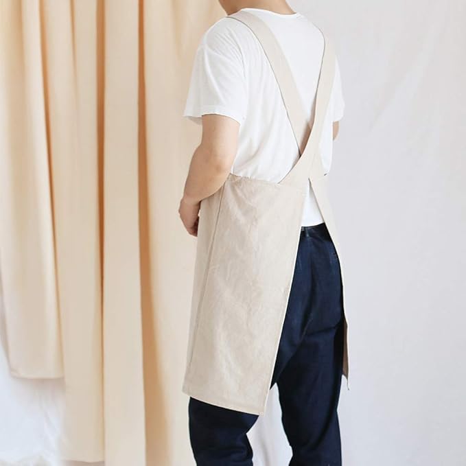 Japanese Style Linen Cotton Cross Back Pinafore Apron with Pockets for Women Ladies Men Chef Kitchen Cooking Baking
