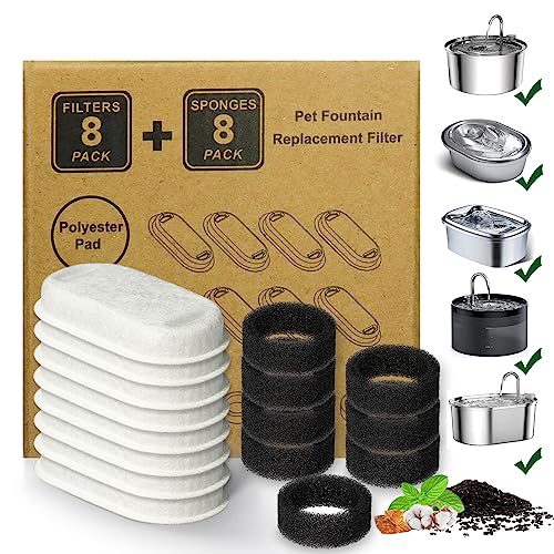 Cat Water Fountain Filter,16 Pack Cat Fountain Replacement Filters for Stainless Steel 67oz/2L Adjustable Water Flow Pet W...