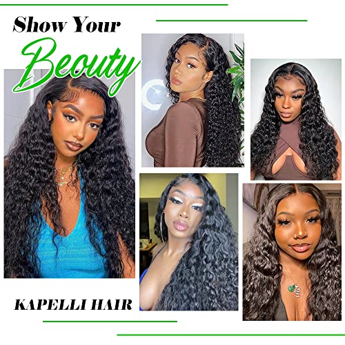 Kapelli Hair 13x4 Lace Frontal Closure Water Wave Regular HD Lace, 200% Density, 100% Brazilian Virgin Human Hair Ear to Ear HD Lace Frontal Pre Plucked with Baby Hair Natural Black Color 22 Inch