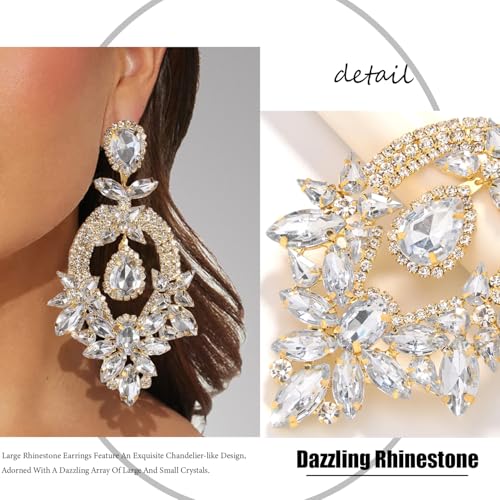 Silver Chandelier Earrings for Women Trendy, Oversized Big Crystal Rhinestone Statement Earrings Dangling Formal Pageant E...