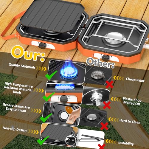 Kirumie Adjustable 2 Burner Popane Stove with 16000 BTU, Flameout Protection, with Camping Grill and Carrying Bag, Portabl...