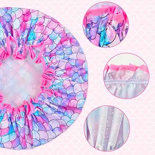 Olypegic Kids Shower Cap, 3 Pcs Girls Shower Cap for Kids Reusable Waterproof Adjustable Large Hair Cap Unicorn Mermaid Rainbow Cute Hair Cover Hat