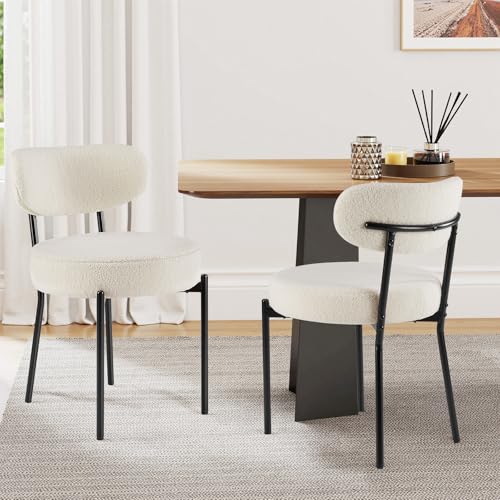 Sweetcrispy Dining Chairs Set of 2, Boucle Upholstered Modern Mid Century Round Kitchen Chairs with Curved Backrest & Meta...