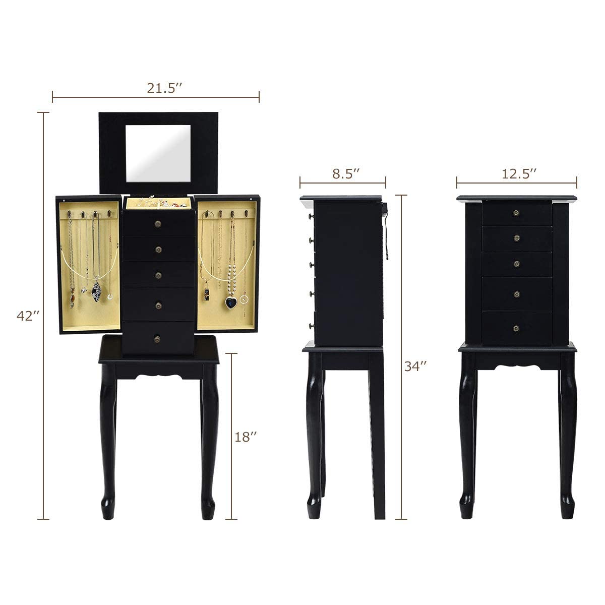 OFFICEJOY Jewelry Armoire Cabinet w/Top Flip Mirror, Wooden Jewelry Storage Chest w/ 4 Drawers, 2 Side Door, 8 Necklace Hooks, Standing Jewelry Organizer for Ring Necklace Bracelet (Black)