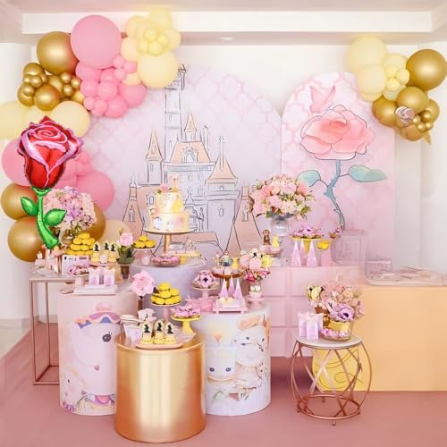 142Pcs Pink and Yellow Balloon Arch Kit, Pastel Pink Yellow Light Brown Metallic Gold Balloons with Red Rose Foil Balloon ...