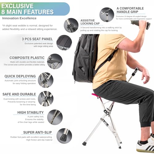 Ta-Da Chair Series 1 Pro, Portable Trekking Hiking Pole, Folding Walking Stick with Seat, Walking Cane with Chair, Foldabl...