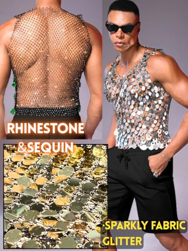 ChiaoLezhee Men's Big Sequin & Rhinestone Mesh Shirt for Rave, Sparkly Reflective Metallic Sexy Tank Top (Fits Chest 30-46")