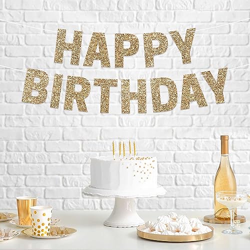 Pre-strung Happy Birthday Banner - No DIY - Gold Glitter Birthday Party Banner for Men & Women - Pre-strung Garland on 8 f...