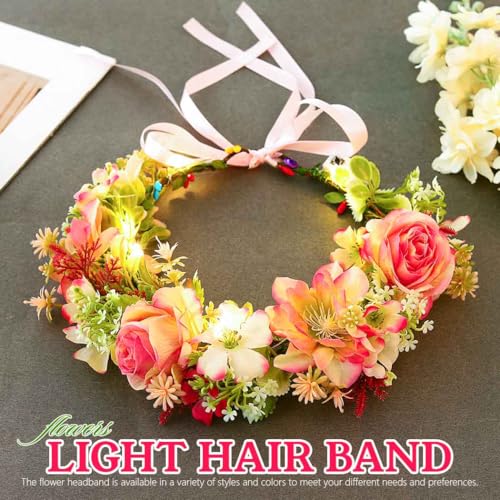 DRESBE Light Up Flower Crown Headband LED Fairy Floral Hair Accessories for Women (Rose)