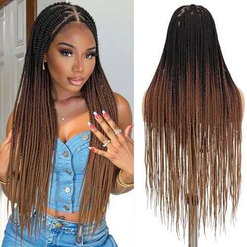 360 Full Lace Knotless Box Braided Wig, Long Black Synthetic Hair, Triangle Lace Front (Ombre Brown Blonde, 34 inches)