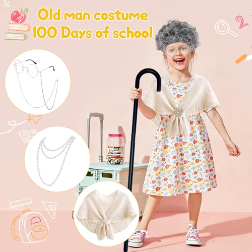 100 Days of School Costume for Girls Kids 100th Day of School Outfit 100 Year Old Outfit Grandma Granny Dress Up Old Lady ...