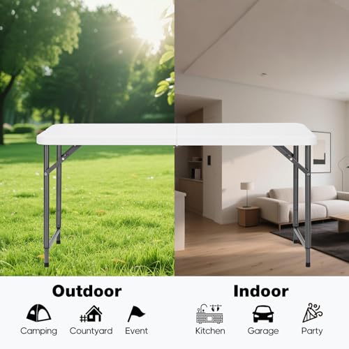 4ft Folding Table with Adjustable Height, 3-Level Foldable Table with HDPE Top & Steel Legs, Portable 4 Foot Folding Table...