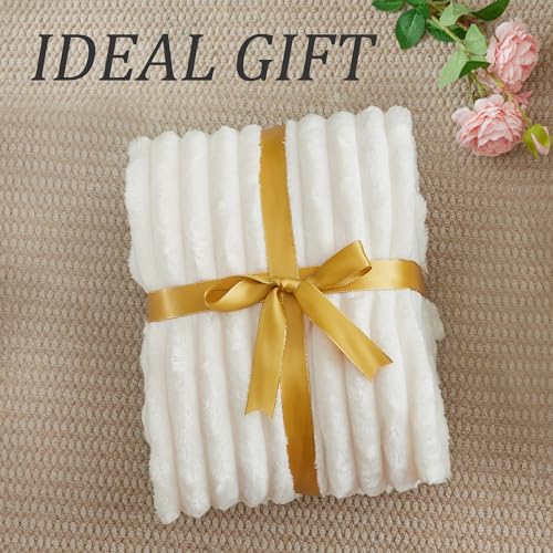 BEDELITE Fleece Throw Blanket for Couch - 300GSM Soft & Warm Fluffy Cream White Blanket, Decorative and Giftable Striped B...