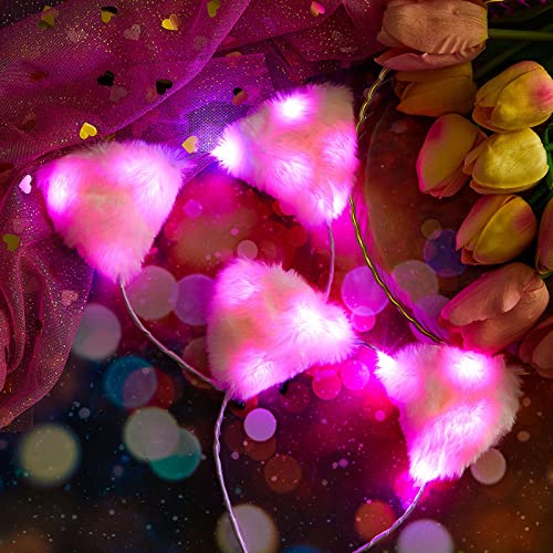 Juexica Light up Cat Ear Headband LED Kitty Ear Furry Cute Headbands Glow for Party Concert Night Clubs Birthday Cosplay