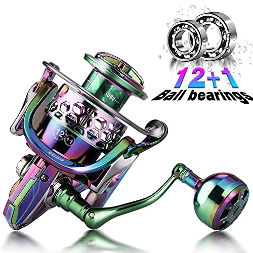 Sougayilang Fishing Reel, Colorful Aluminum Frame Spinning Reels with - 12+1 Stainless BB, Oversize Aluminum Handle for Sa...