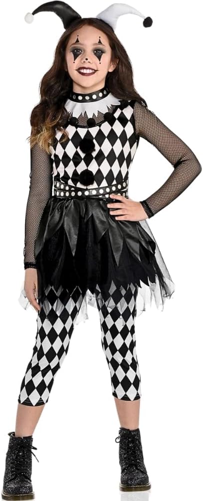 Girls Black & White Punky Jester Costume Set - 1 Set - Haunting Party Wear Perfect for Halloween and Themed Party Fun