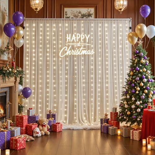 Ivory Sheer Backdrop Curtains with Lights String for Parites Wedding 10×8ft Tulle Backdrop Curtains for Baby Shower Birthd...