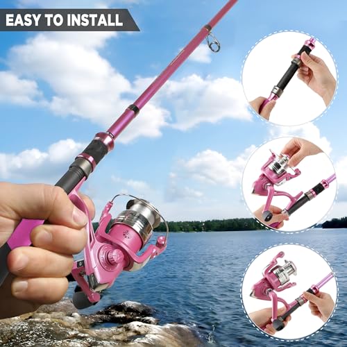 Fishing Rod and Reel Combos, Fishing Gear Gifts for Women with Spinning Reel, Lures, Line, Pink Ladies Telescopic Pole Kit...