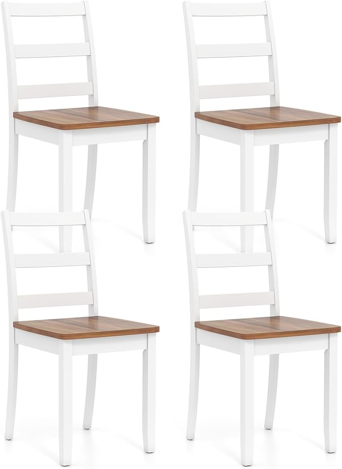 Giantex Dining Chairs, Wooden Armless Kitchen Chairs with Solid Rubber Wood Legs, Farmhouse Ladder Back Dining Chairs for Dining Room (4, White+Brown)