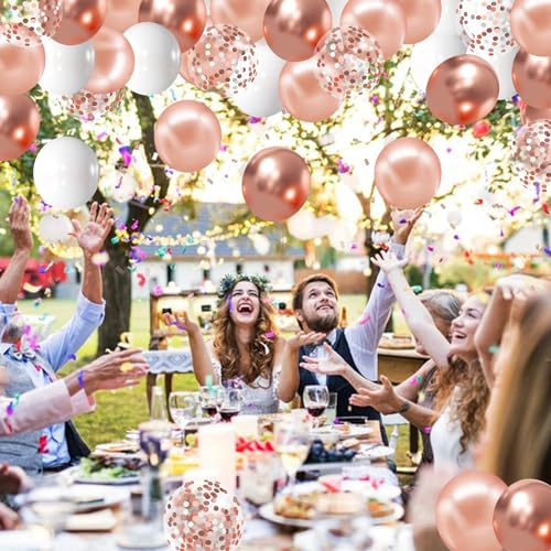 Zesliwy Rose Gold Confetti Balloons, 50 Pack 12 inch White and Rose Gold Latex Balloons with 33 Feet Rose Gold Ribbon for ...
