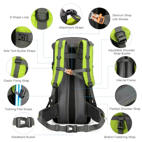 ShowyLive 70L Hiking Backpack - Lightweight Waterproof Travel Backpack for Men & Women, Foldable Daypack with Rain Cover f...
