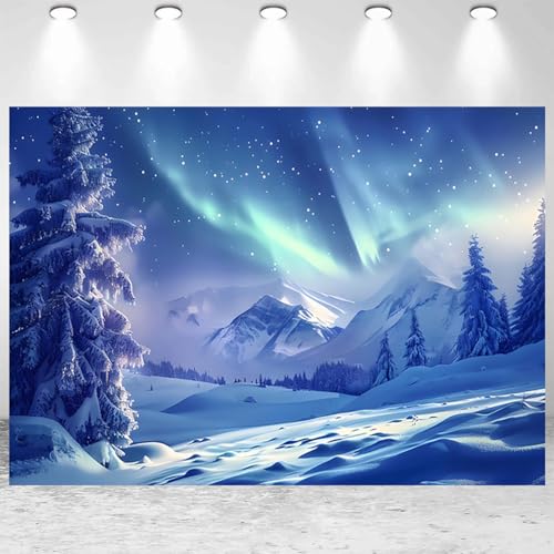 10x8ft Winter Aurora Borealis Backdrop Snow Mountain Pine Trees Forest Northern Lights Photography Background Winter Wonde...