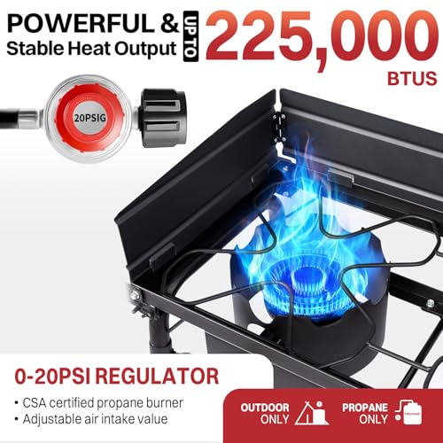 3 Burner Propane Camp Stove | 225,000 BTU Gas Burners | Side Shelves | Windscreen | Waterproof Cover | Detachable Legs | I...