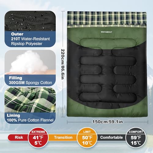 WKFAMOUT Double Sleeping Bag for Adults Machine Washable 2 Person Camping Sleeping Bag Queen Size Waterproof with Compress...
