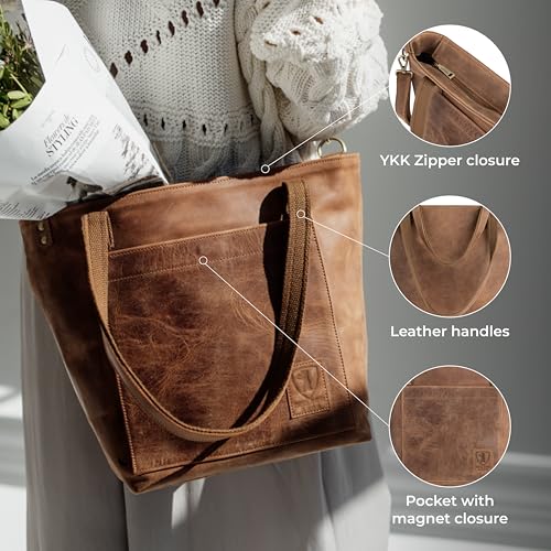 BERLINER BAGS Vintage Leather Shoulder Bag Verona, Large Handbag for Women - Brown