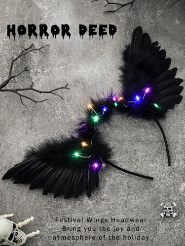 Aiosy Light Up Halloween Wing Headbands LED Black Feather Hairband Angel Wings Women Hair Accessories for Rave Costume