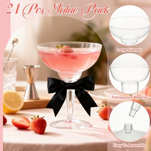 LemonRoad 24 Pcs Clear Plastic Martini Glasses with Bows, 12 oz Disposable Plastic Margarita Cups, Shatterproof Cocktail C...