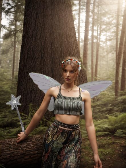 Fairy Wings for Adults and Girls，Fairy Costume Set with Floral Garland, Fairy Hair Tinsel, Wand & Elf Ears – 19"x24" Organza Butterfly Wings – Ideal for Cosplay, Party, Gold