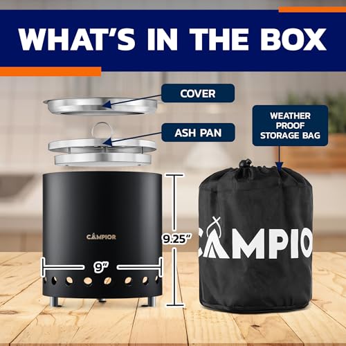 CAMPIOR Wood Burning Fire Pit Stove with Black Exterior - Smokeless Outdoor Stove for Efficient Wood Fires, Camping, and G...