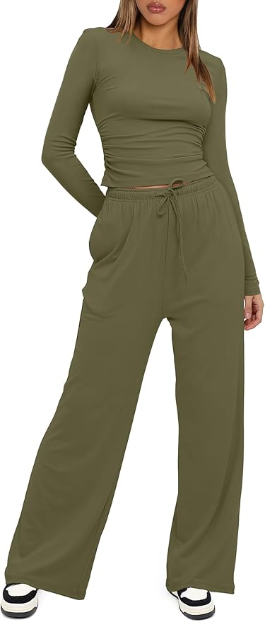 Darong Women's 2 Piece Outfits Lounge Sets 2026 Long Sleeve Tops Wide Leg Pants Casual Matching Set