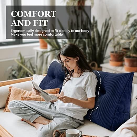 Wedge Headboard Pillow Dorm Room Reading Pillow Back Support for Sitting Up in Bed Bolster Lumbar Cushion Body Positioning Bedrest Corduroy (Navy Blue, Queen (59 * 8 * 20in))
